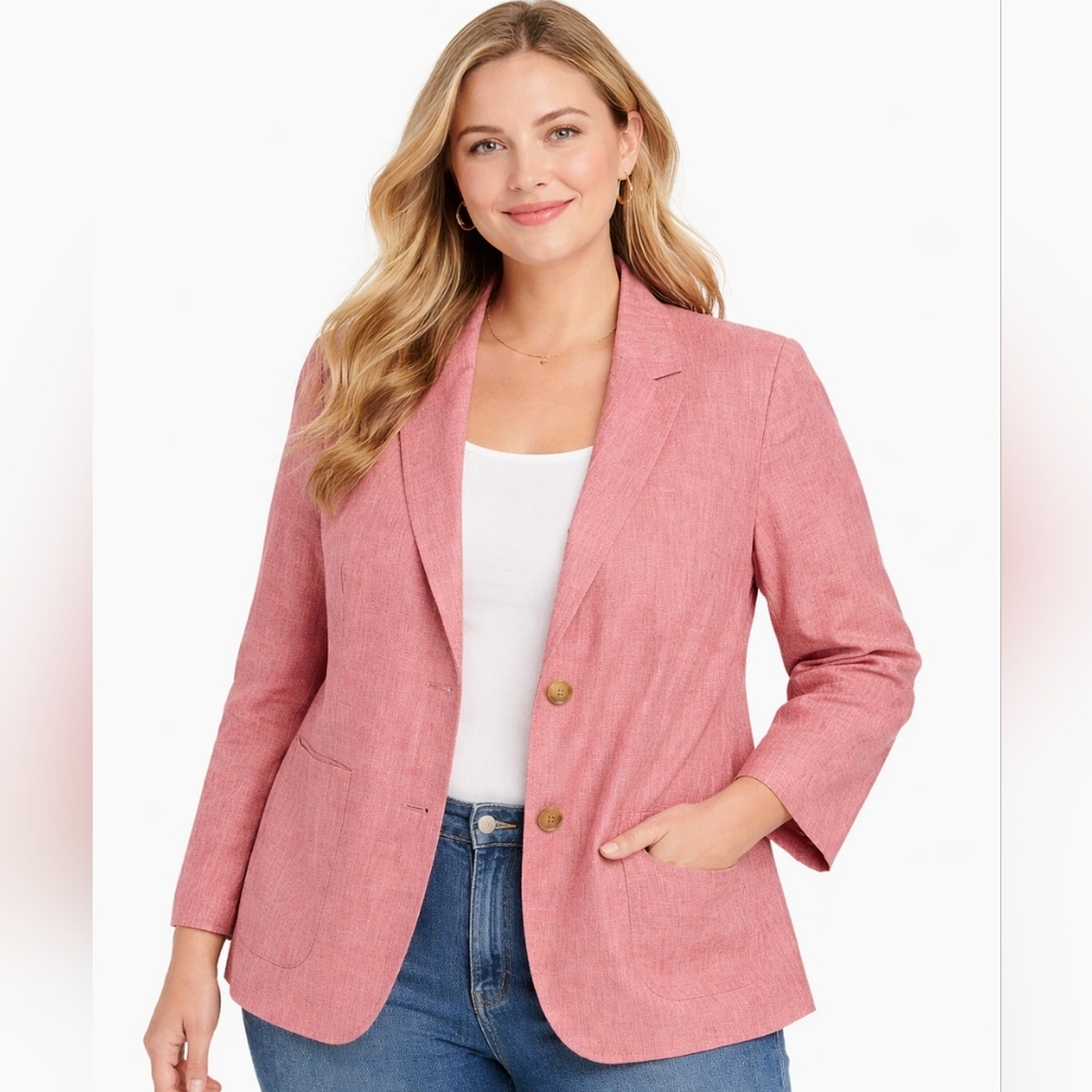 Talbots‎ 100% Linen Women's Size 18 PETITE Pink 2 Button Blazer Jacket Topstitch